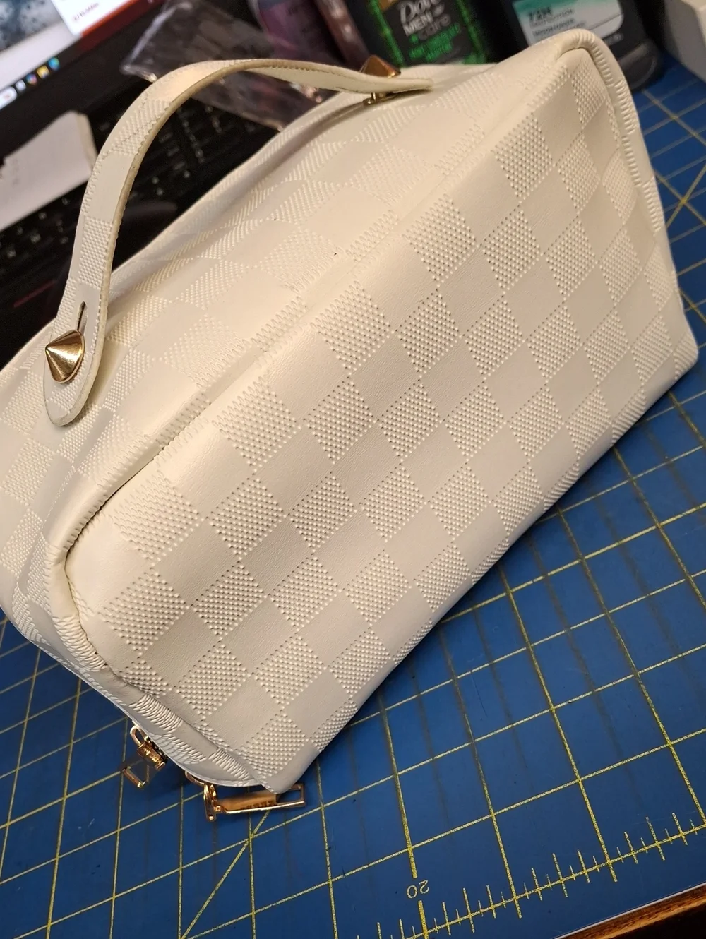 White Quilted Cosmetic Train Case Gold Hardware 9x5x5